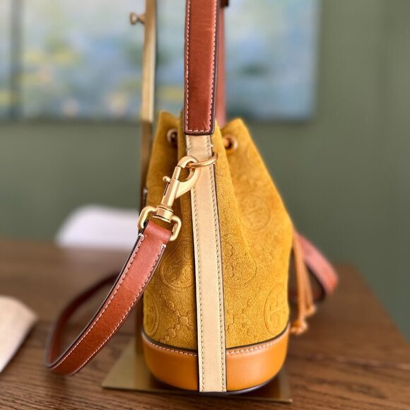 NEW! Tory Burch T-Monogram SUEDE EMBOSSED Bucket -large Claret (Deep Sunflower) - Picture 7 of 15